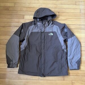 The North Face HyVent Hooded Rain Jacket Mens XL Brown Grey Waterproof Shell